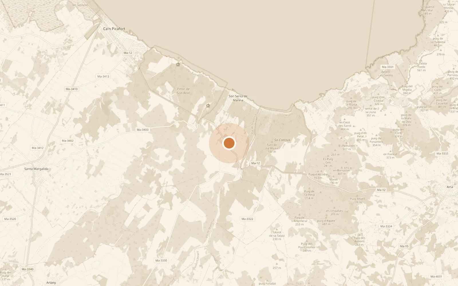 Map showing Can Miraet between Can Picafort and Son Serra de Marina