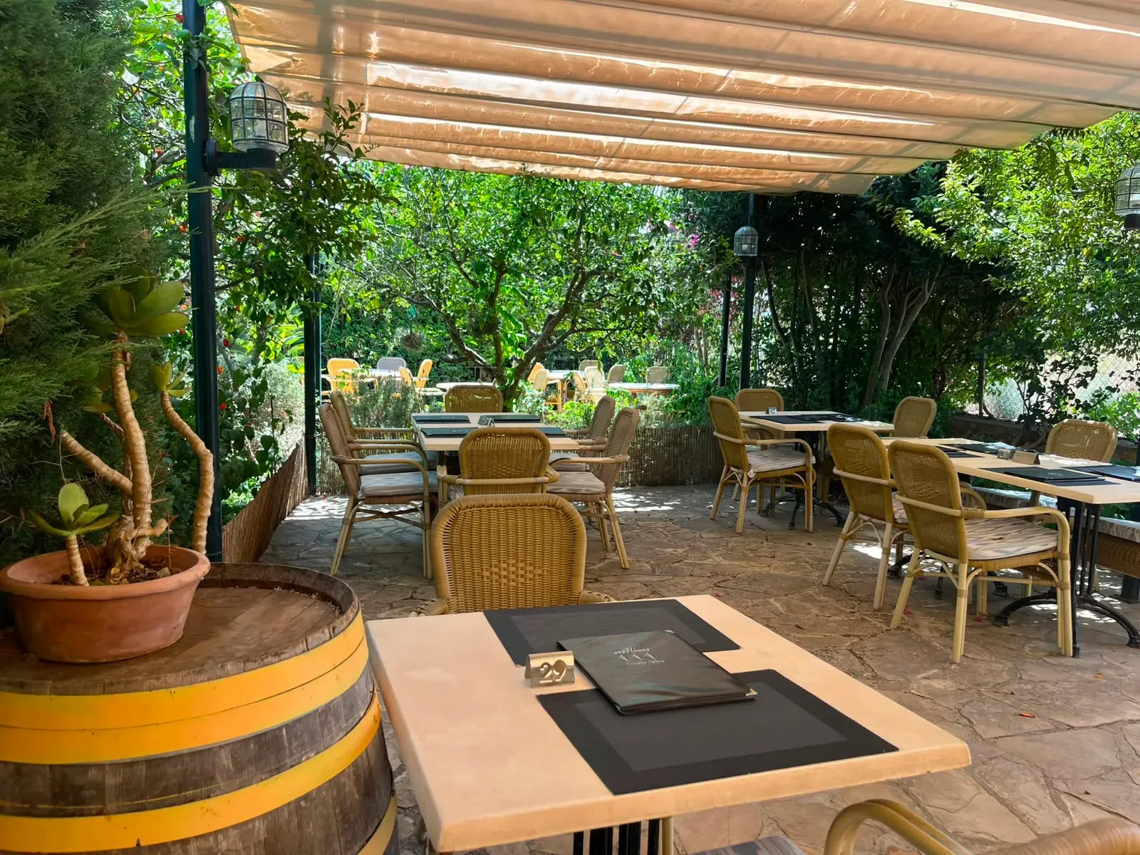 Table beside a wine barrel on the terrace